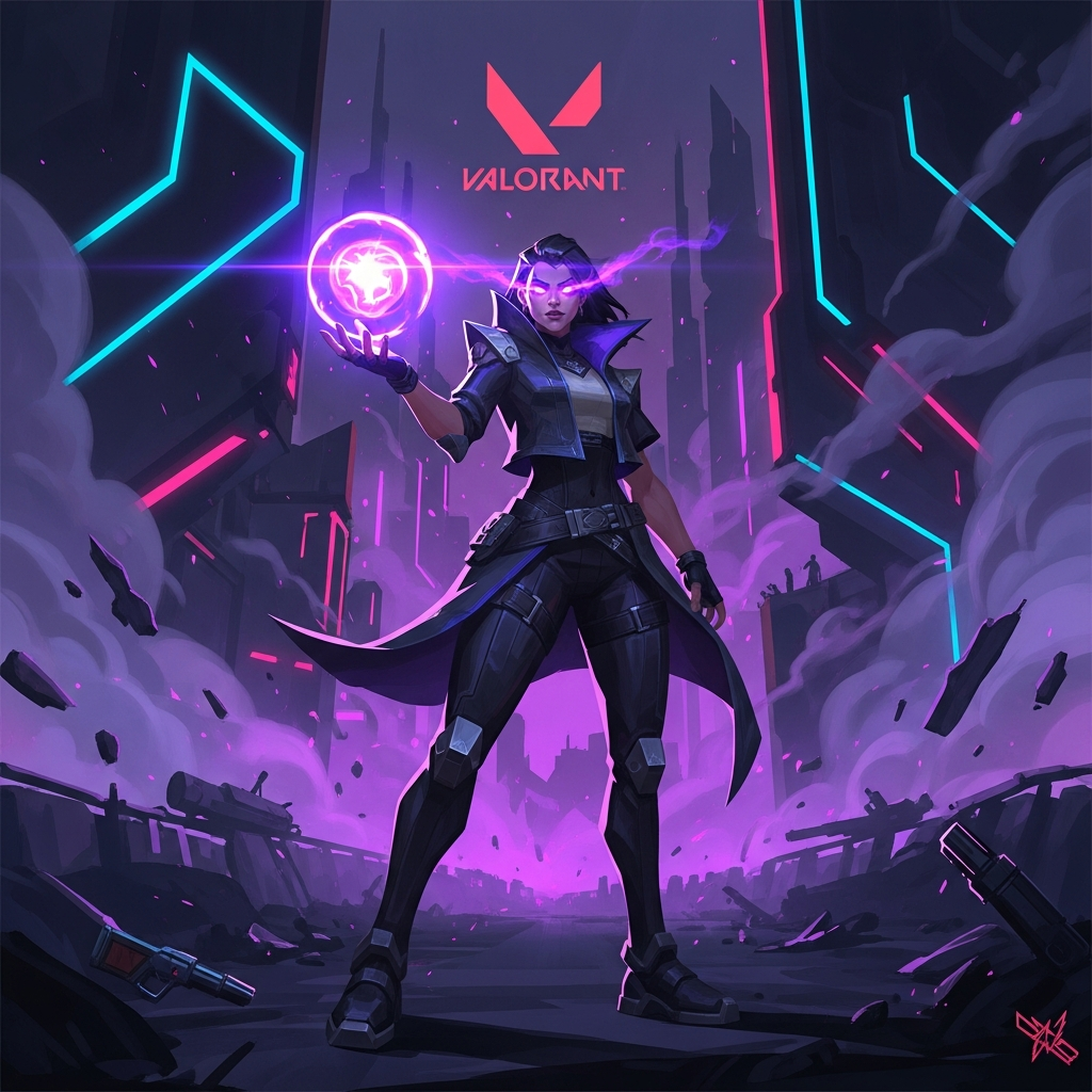 A triumphant digital painting of Valorant's Reyna standing victorious on a neon-lit, futuristic battlefield, holding a glowing soul orb, showcasing her dominant, aggressive aura. Valorant concept art style.