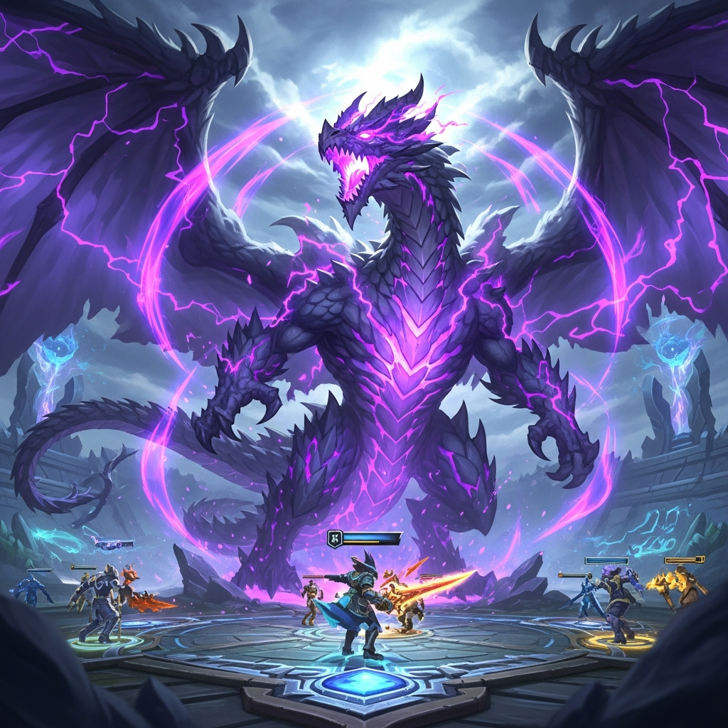 TFT battle scene, glowing purple spectral energy surrounding a fierce cloud dragon champion, high contrast, cinematic view.