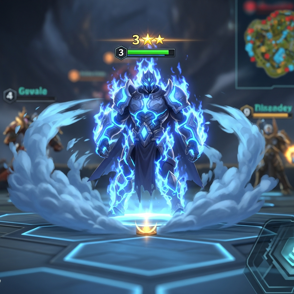 Close-up of a victorious TFT 3-star champion on the board, surrounded by spectral blue fire and clouds, explosive power shown, game interface elements.