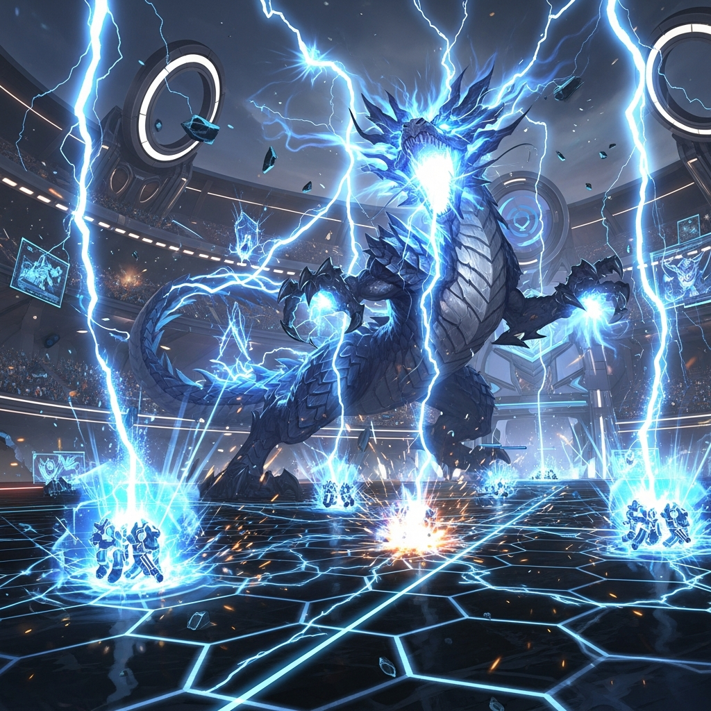 An epic scene of the electric blue Storm Dragon Ao Shin unleashing massive lightning bolts across a futuristic TFT battle arena, highly detailed.