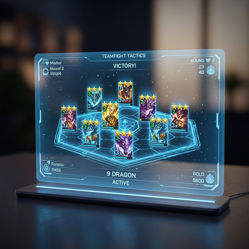A holographic game screen displaying the perfect '9 Dragon' TFT build with all units 3-starred and gold items, symbolizing complete victory.