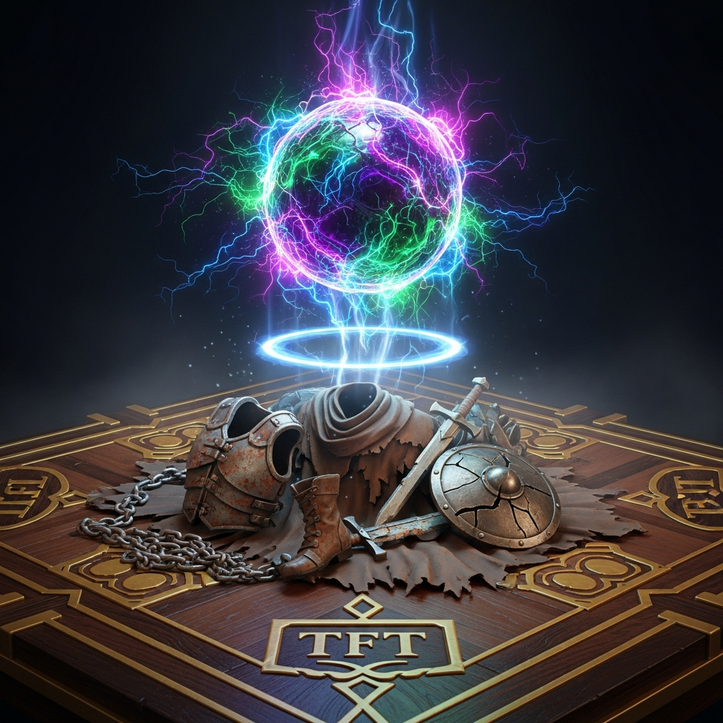 A dramatically lit, mystical Reforger artifact pulsating with chaotic energy, hovering over a pile of useless items like chain vests and cloaks on a stylized TFT board.