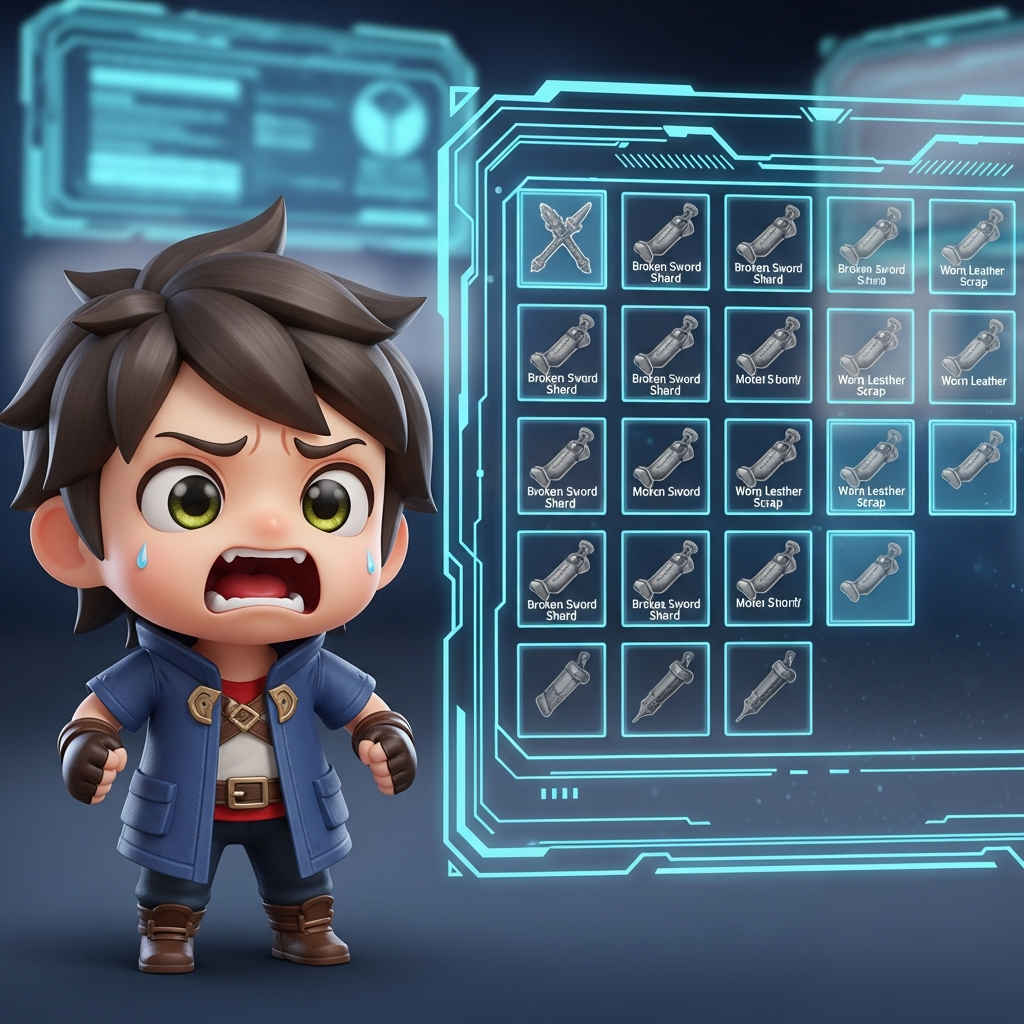 A frustrated, high-definition chibi character (Little Legend) screaming in despair next to a randomized item panel displaying multiple identical, unwanted items in a futuristic gaming interface.