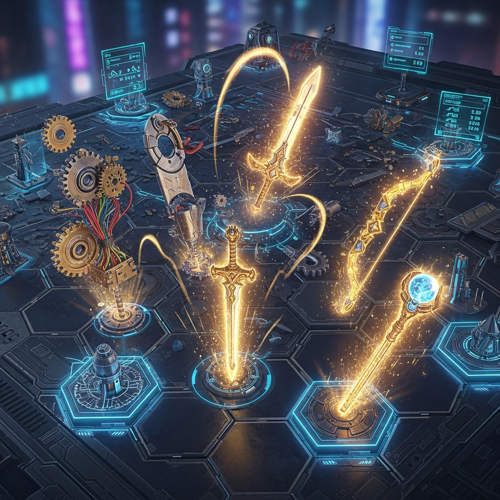 A chaotic scene on a futuristic game board. Disassembled mechanical scrap parts (gears, wires) are magically transforming into shimmering, golden, complete fantasy weapons, representing the TFT Scrap trait. High-angle, digital art.