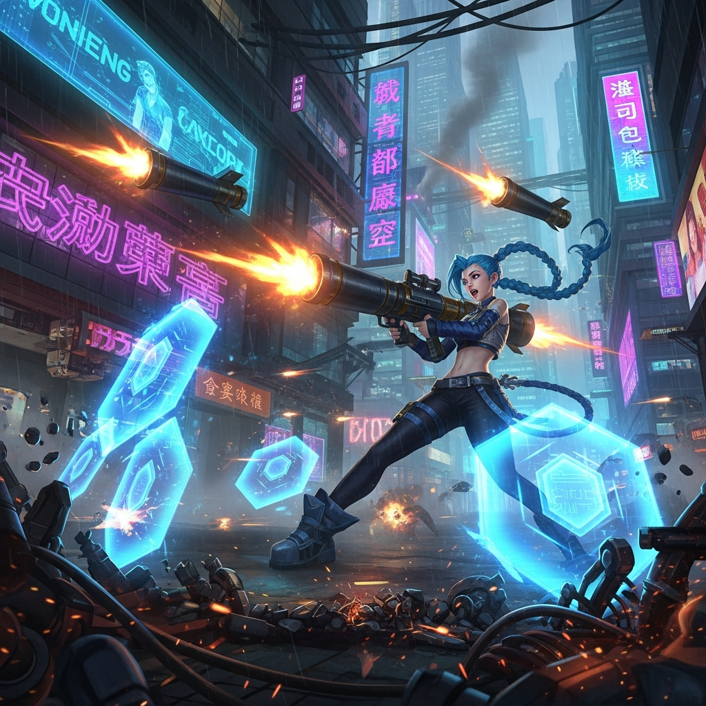 Jinx, the blue-haired girl, is fiercely firing huge rockets amidst a cyberpunk city battlefield, surrounded by glowing blue shields and mechanical debris, illustrating the powerful TFT Scrap synergy.
