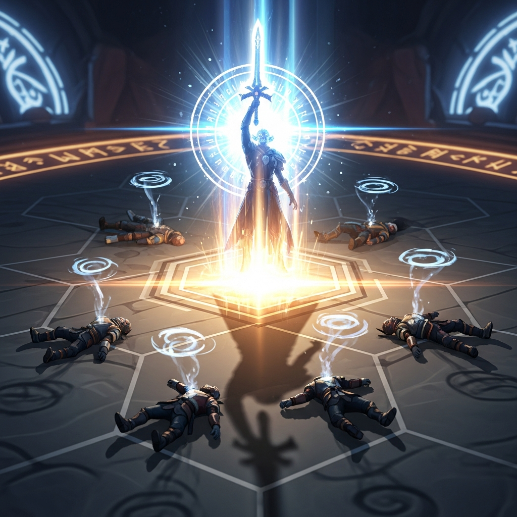 A stunning, highly stylized image of a single, radiant champion unit on a Teamfight Tactics board, glowing with magical energy, surrounded by defeated enemy units, symbolizing an 'Idol Carry'. Cinematic lighting, digital art.