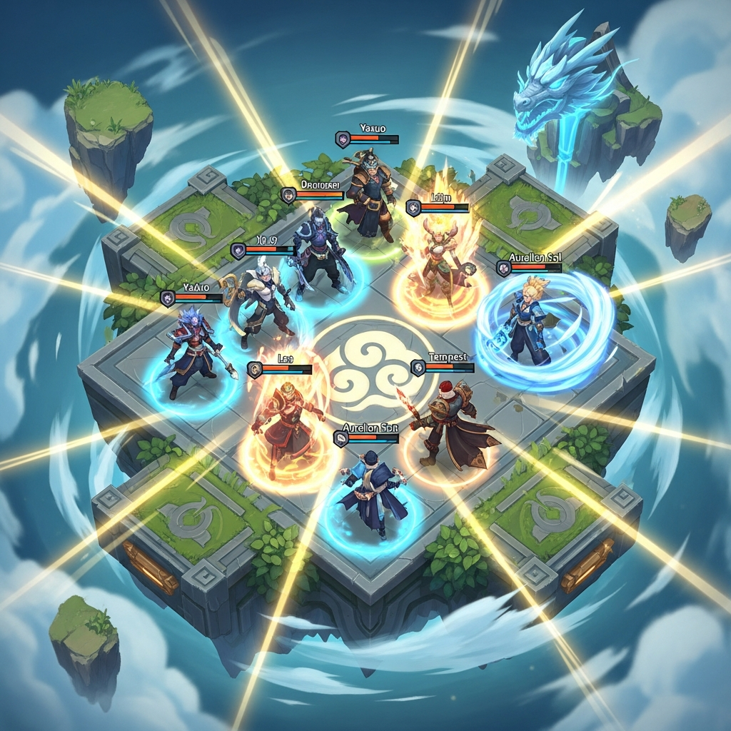 A strategic overhead view of a colorful TFT battlefield showing a perfectly optimized composition with high-tier champions, focusing on powerful synergistic effects radiating outwards, capturing the 'Cloud Dragon' theme. Auto Battler aesthetics.