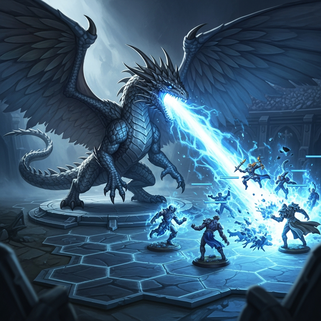 A hyper-realistic fantasy painting of a majestic Cloud Dragon unit on a TFT board unleashing a devastating blue energy blast that obliterates multiple enemy champions simultaneously. Cinematic lighting, dramatic battle scene.