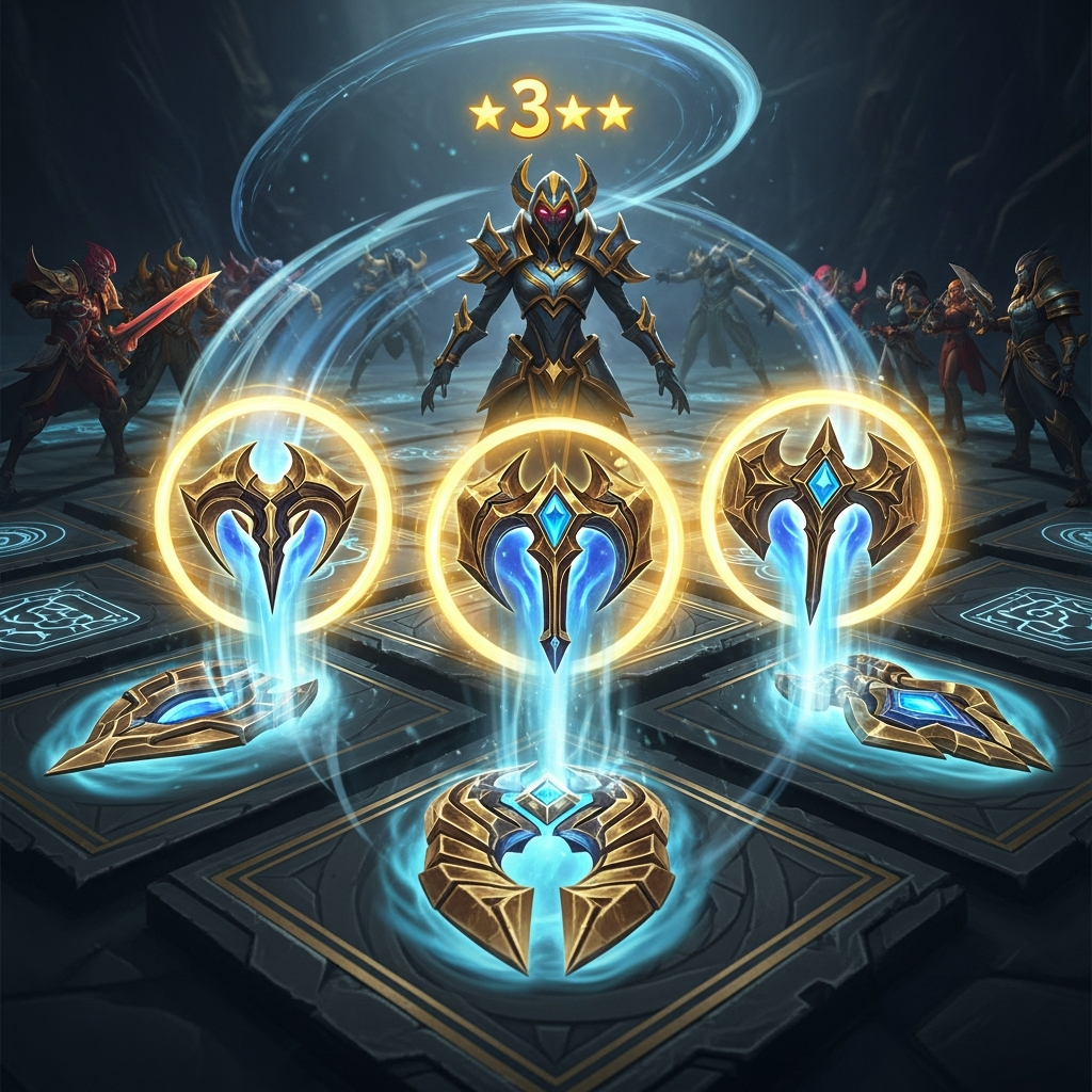 Cinematic view of a Teamfight Tactics board, focusing on a fully-equipped 3-star carry champion with glowing gold and blue items, surrounded by swirling cloud energy, positioned for a devastating one-shot attack.