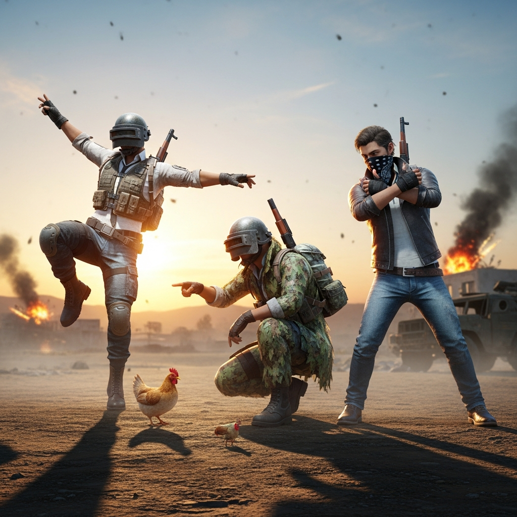 A highly detailed, cinematic still of three PUBG characters in military gear performing absurd, non-combat actions like dancing or pointing at a tiny chicken, contrasted with a serious, dusty battleground background. Comic lighting, Unreal Engine style.