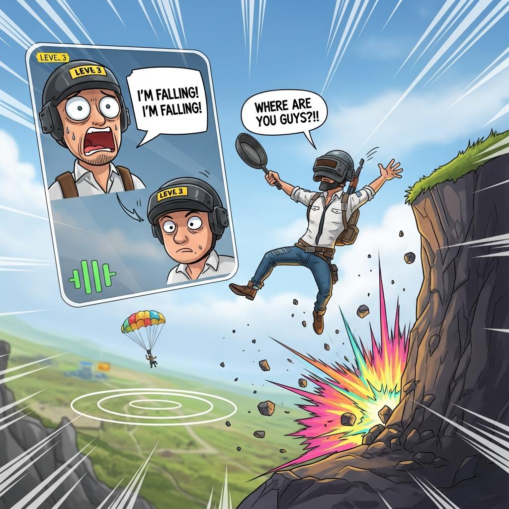 A cartoonish digital illustration capturing the chaos of PUBG random squad communication failure: a player falling off a cliff while holding a frying pan, another player panicking on the voice chat overlay, with humorous text and colorful explosion effects.