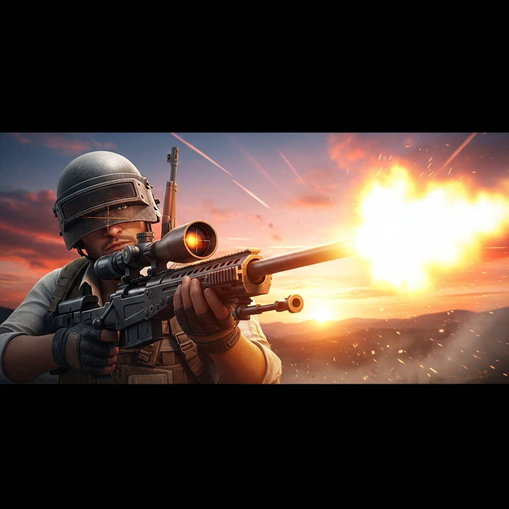 A stylized, cinematic close-up of a PUBG character successfully hitting a long-range headshot with a sniper rifle, muzzle flash visible against a sunset background.