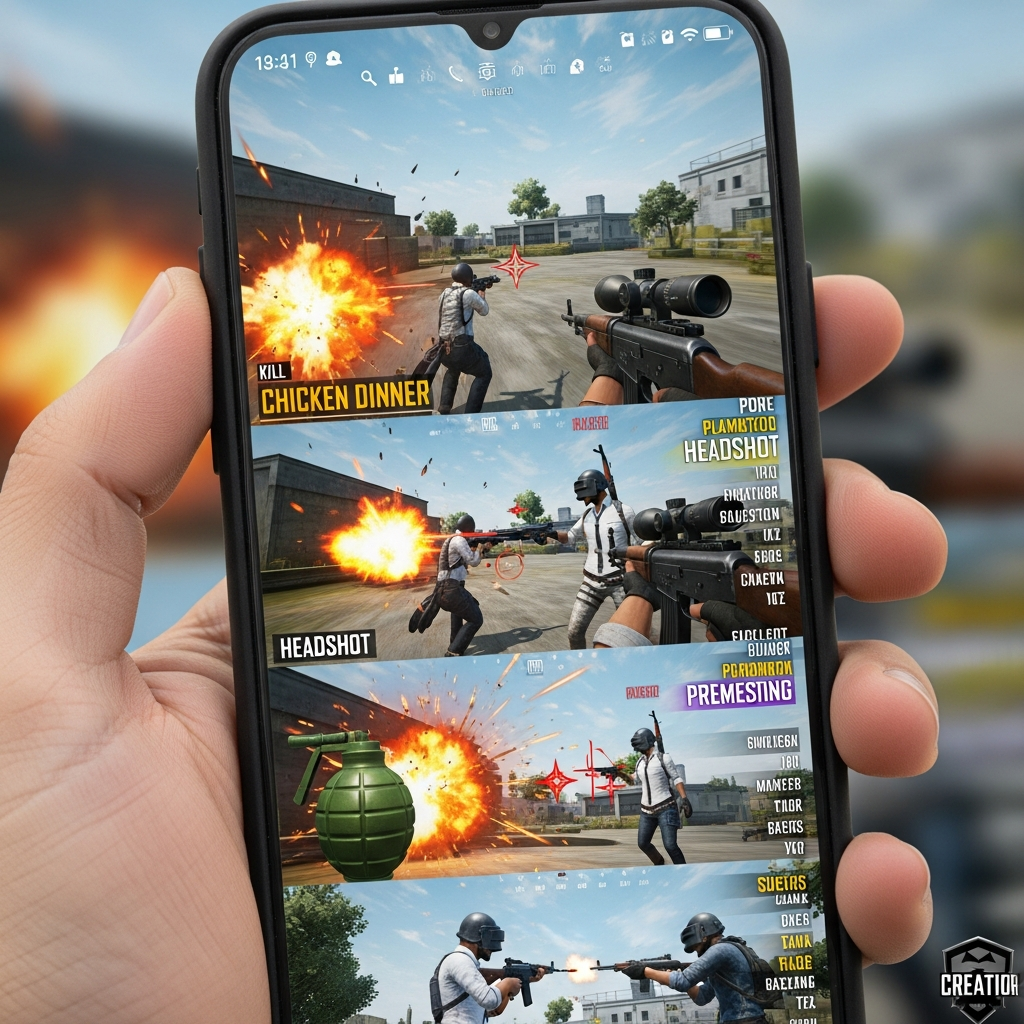 A vertical phone screen displaying a hyper-edited, fast-paced PUBG kill compilation with dynamic motion blur and vibrant, explosive action effects, suitable for a short-form video feed.