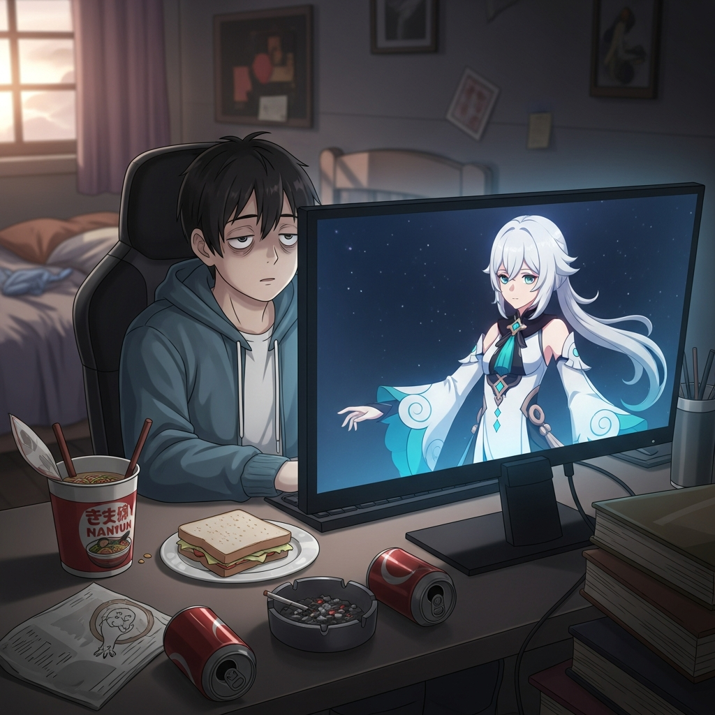 A visually striking DALL-E 3 image: A gamer sitting exhaustedly at a computer desk, surrounded by mundane daily life items, but their monitor brightly displays the elegant and mesmerizing Genshin Impact character Xianyun in her white and teal attire, symbolizing irresistible temptation and the urge to return. Anime style.
