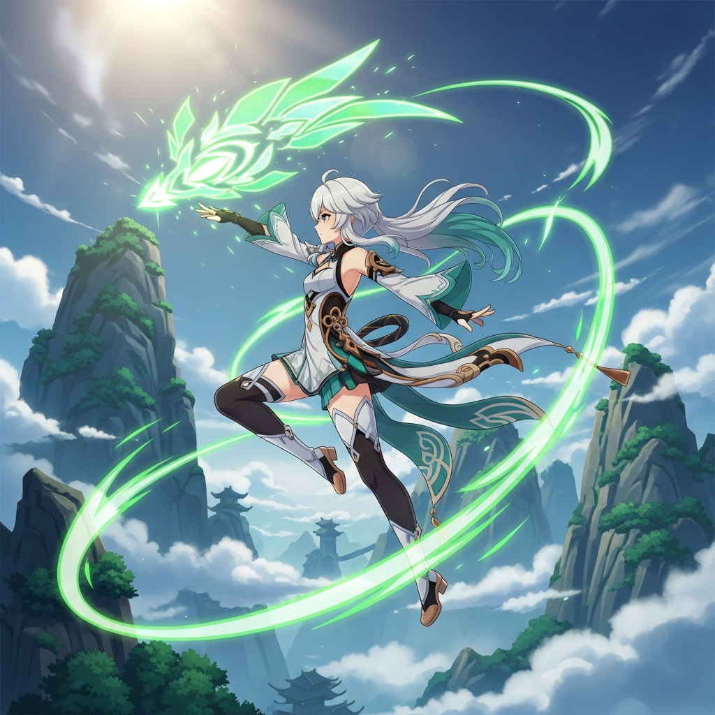 A dynamic, high-quality anime illustration of Genshin Impact character Xianyun performing a powerful, graceful Plunge Attack supported by green Anemo energy effects, set against a backdrop of traditional Liyue mountains and clouds, emphasizing her game-changing appeal. Cinematic lighting.