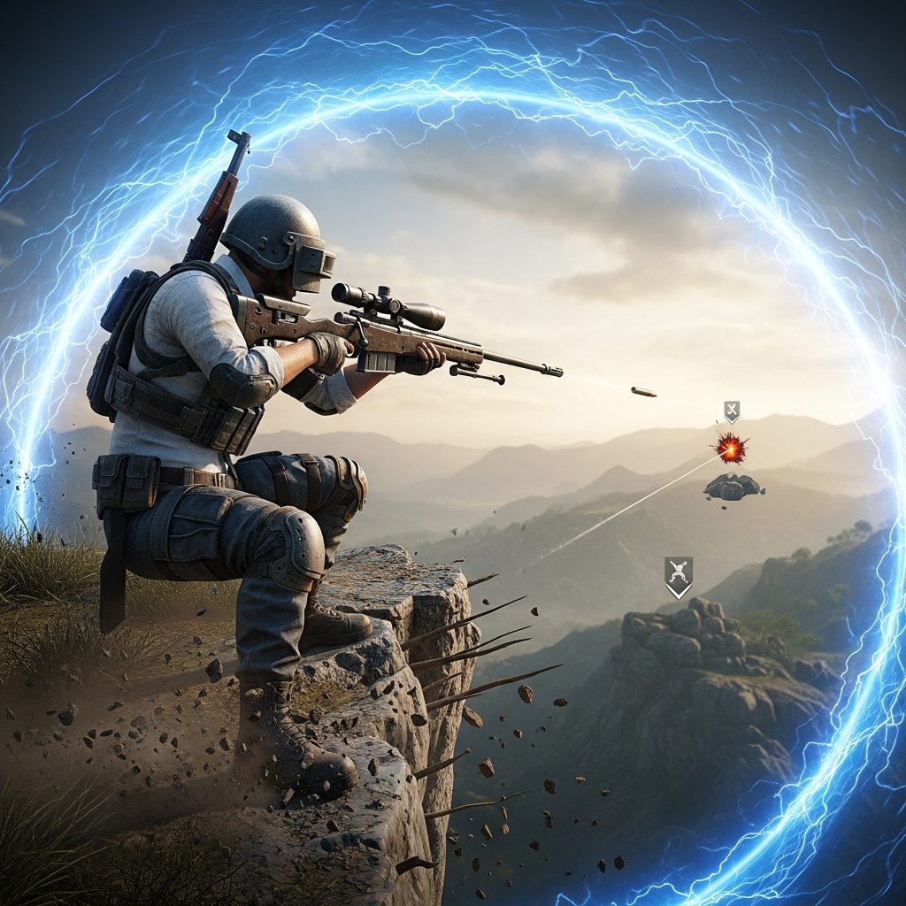 A dramatic, low-angle shot of a PUBG player landing a surprise sniper kill from an impossible angle, just before the Blue Zone engulfs them. Cinematic lighting, realistic detail.