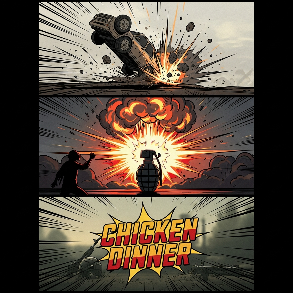 A stylized vertical video frame filled with fast-paced, fragmented PUBG combat scenes: a car flipping, a grenade explosion, and a 'Chicken Dinner' text overlay. Graphic novel aesthetic.