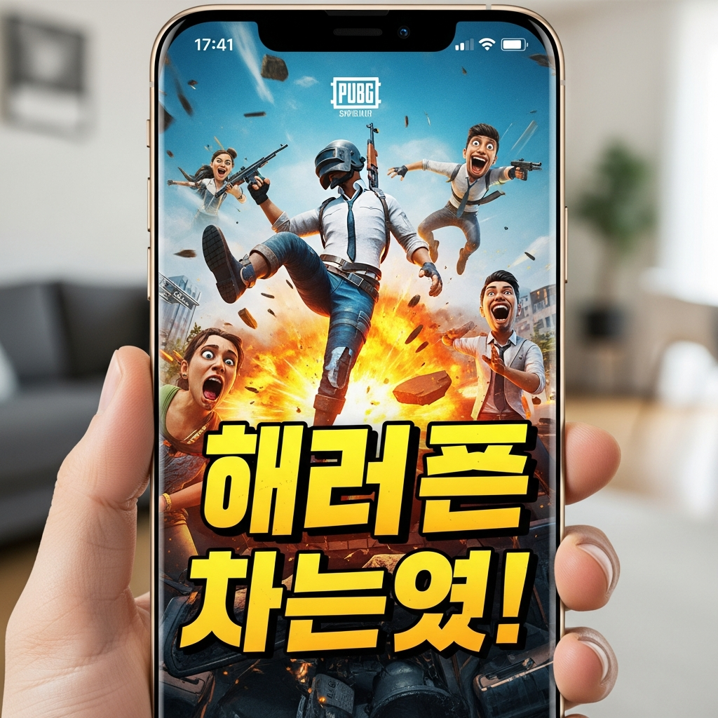 A vertical YouTube Short frame displayed on a smartphone screen, showing a chaotic, brightly colored PUBG gameplay moment with oversized, dramatic Korean text overlaying a funny miscommunication moment between friends.