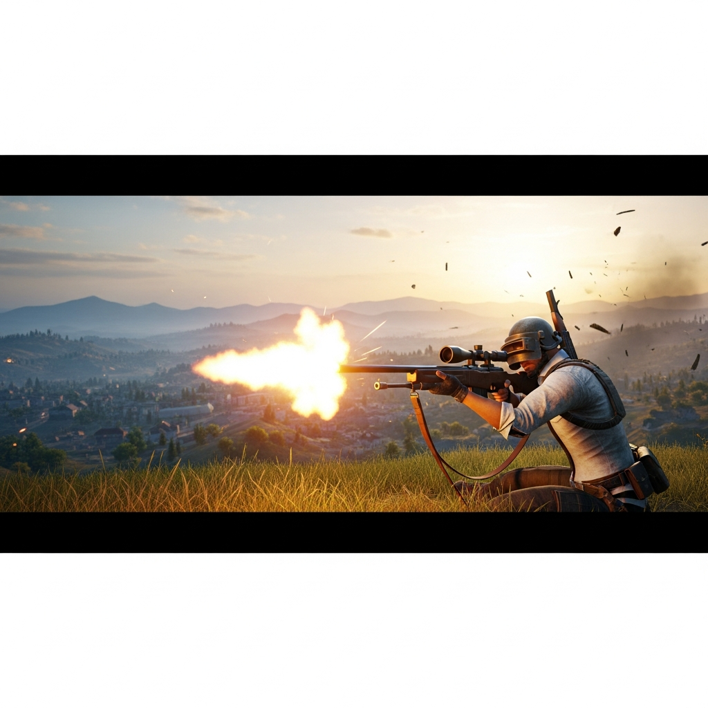 A professional, cinematic screenshot of a PUBG player executing a precision sniper shot, muzzle flash, golden hour lighting.