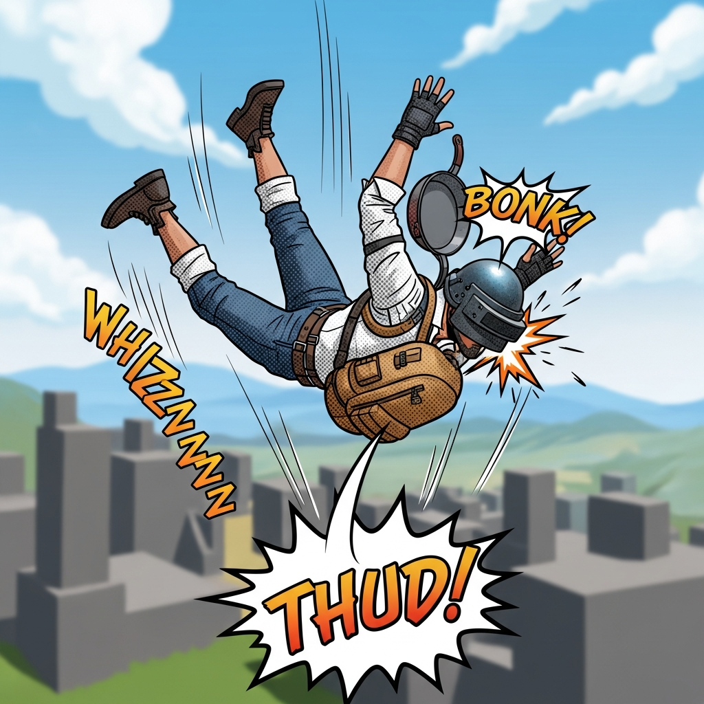 A stylized, comic rendering of a PUBG character mid-fall, exaggerated sound effects visuals, reflecting a funny in-game failure.