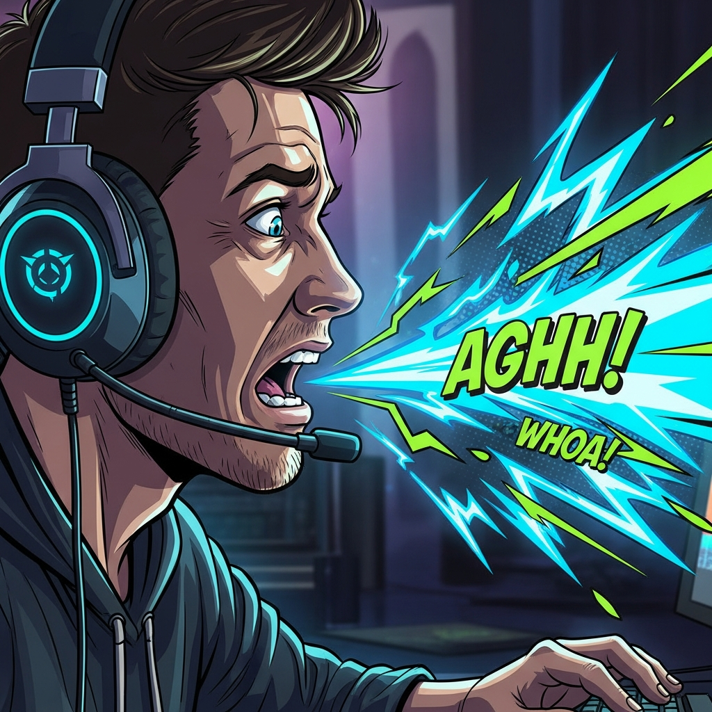 A close-up, dramatic illustration of a gamer wearing a headset, their face intensely focused but eyes widened in panic or excitement, with a stylized, exaggerated sound wave bursting out from their mouth and microphone.