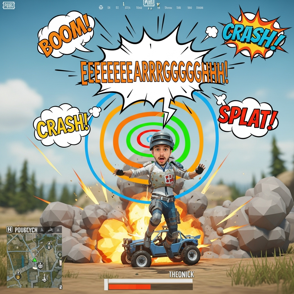 A humorous, highly-edited scene inside the PUBG game showing a player avatar reacting to an unexpected event. The screen is filled with comic book style speech bubbles and visual effects representing extreme, 'blown-out' microphone audio, rendered in a vibrant, low-poly style.