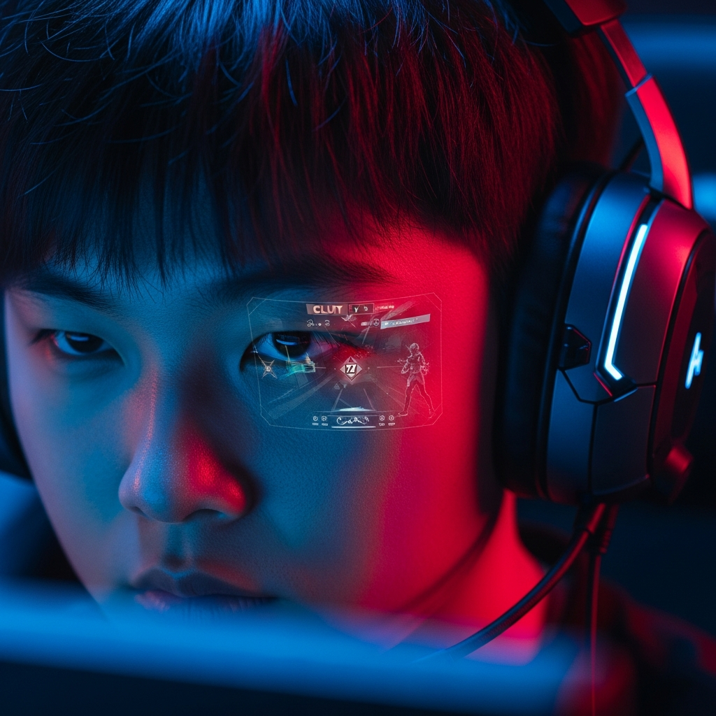 Cinematic close-up of a competitive gamer (representing Gooreumyong) wearing a high-tech headset, intense focus, blue and crimson neon lighting reflecting a Valorant clutch moment on the screen, high saturation, sharp focus.