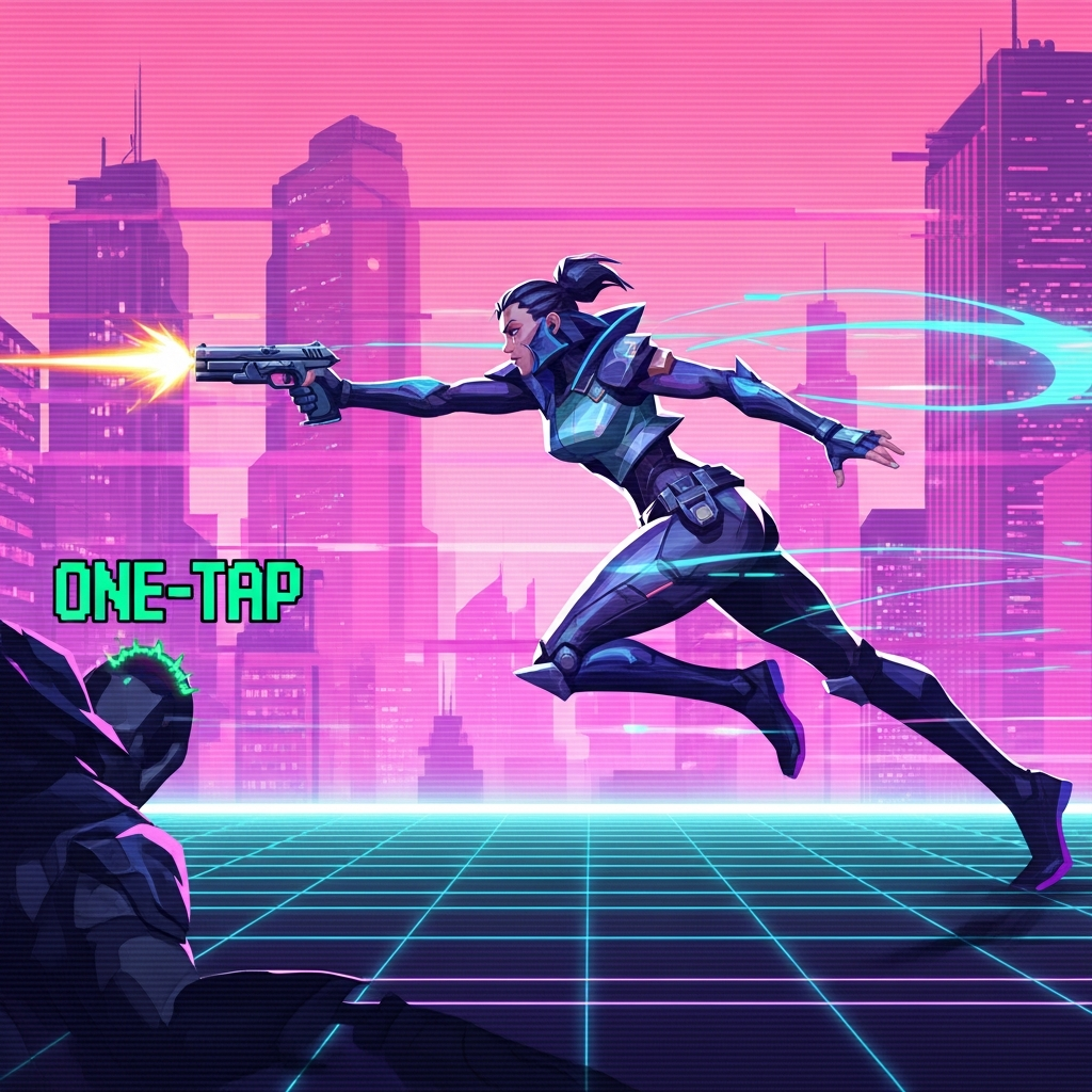 Dynamic digital art illustration of a Valorant agent (like Jett or Reyna) mid-dash, executing a perfect one-tap headshot against an opponent, dramatic visual effects highlighting speed and precision, vaporwave/cyberpunk aesthetic.