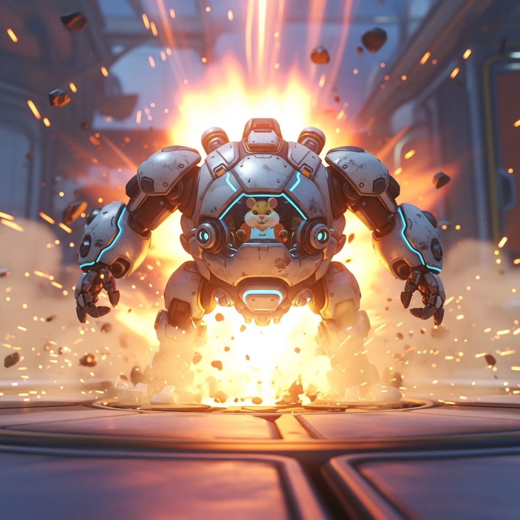 A chaotic, cinematic close-up of Overwatch 2's Wrecking Ball mech executing a Piledriver, with vibrant orange energy and dust flying upon impact on a futuristic map, highlighting the immense power and speed. Hyper-realistic style.