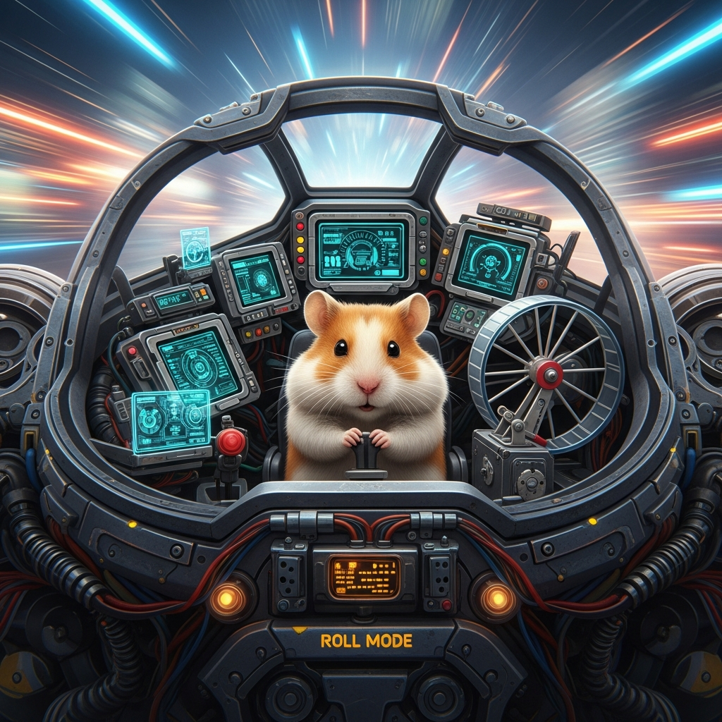 A contrast image showing the small, focused hamster, Hammond, peering out of the highly detailed cockpit of the giant Wrecking Ball mech. The background should show the blur of rapid movement (Roll mode), emphasizing the difference between the pilot and the machine.