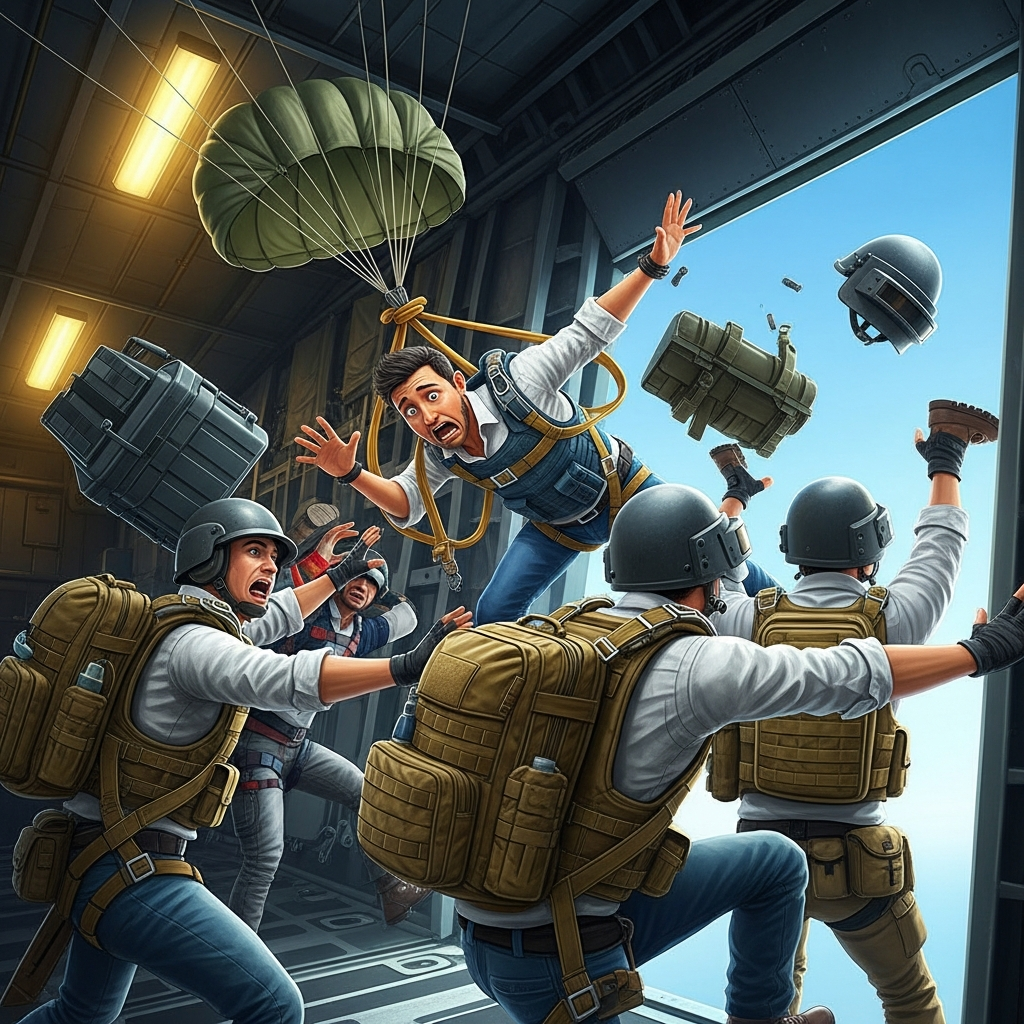 A chaotic and funny moment inside a military transport plane in PUBG style. Players are awkwardly jumping out of the door, some tangled in equipment, with exaggerated panic expressions. Bright, cartoonish light.