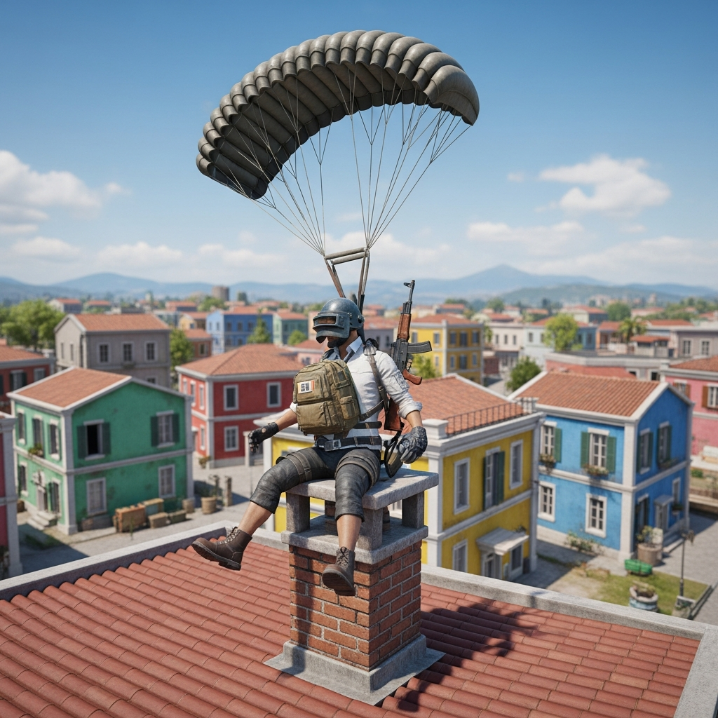 A PUBG character comically stuck on a rooftop, their parachute tangled around a chimney and their legs flailing in the air. The setting is a sunny, brightly colored Erangel town, viewed from a wide-angle perspective.