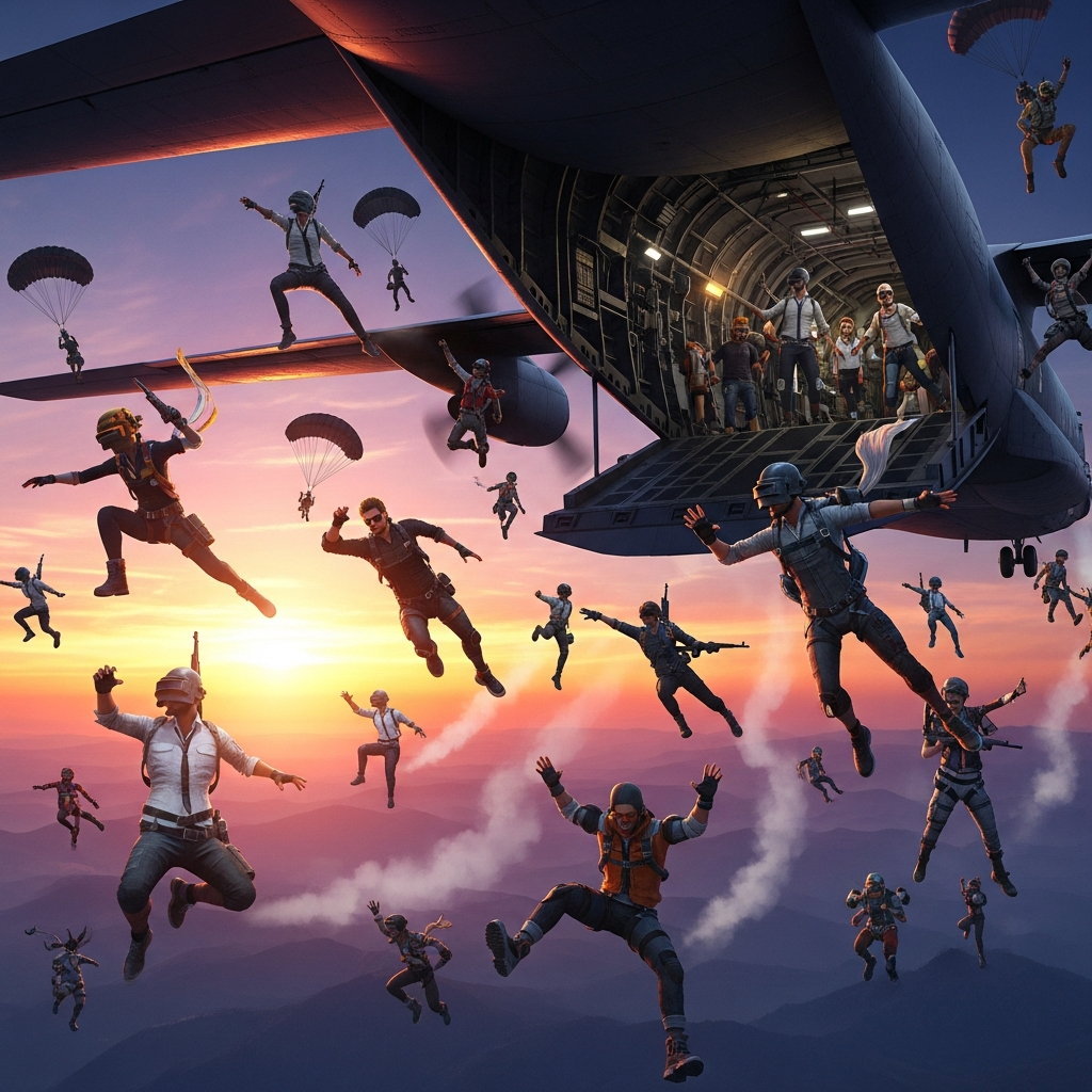 A chaotic and funny moment of many stylized PUBG players jumping out of a military transport plane, silhouetted against a dramatic sunset sky. Cinematic, high contrast.
