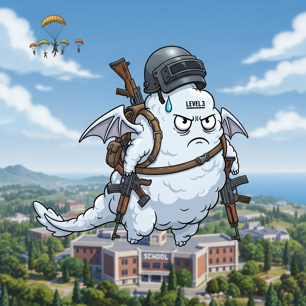 A humorous, detailed illustration of a 'Cloud Dragon' (Gu-Reum Yong) PUBG player, floating slowly far below the main group, looking frustrated as they drift past a landmark. Cartoon style, Unreal Engine influence.