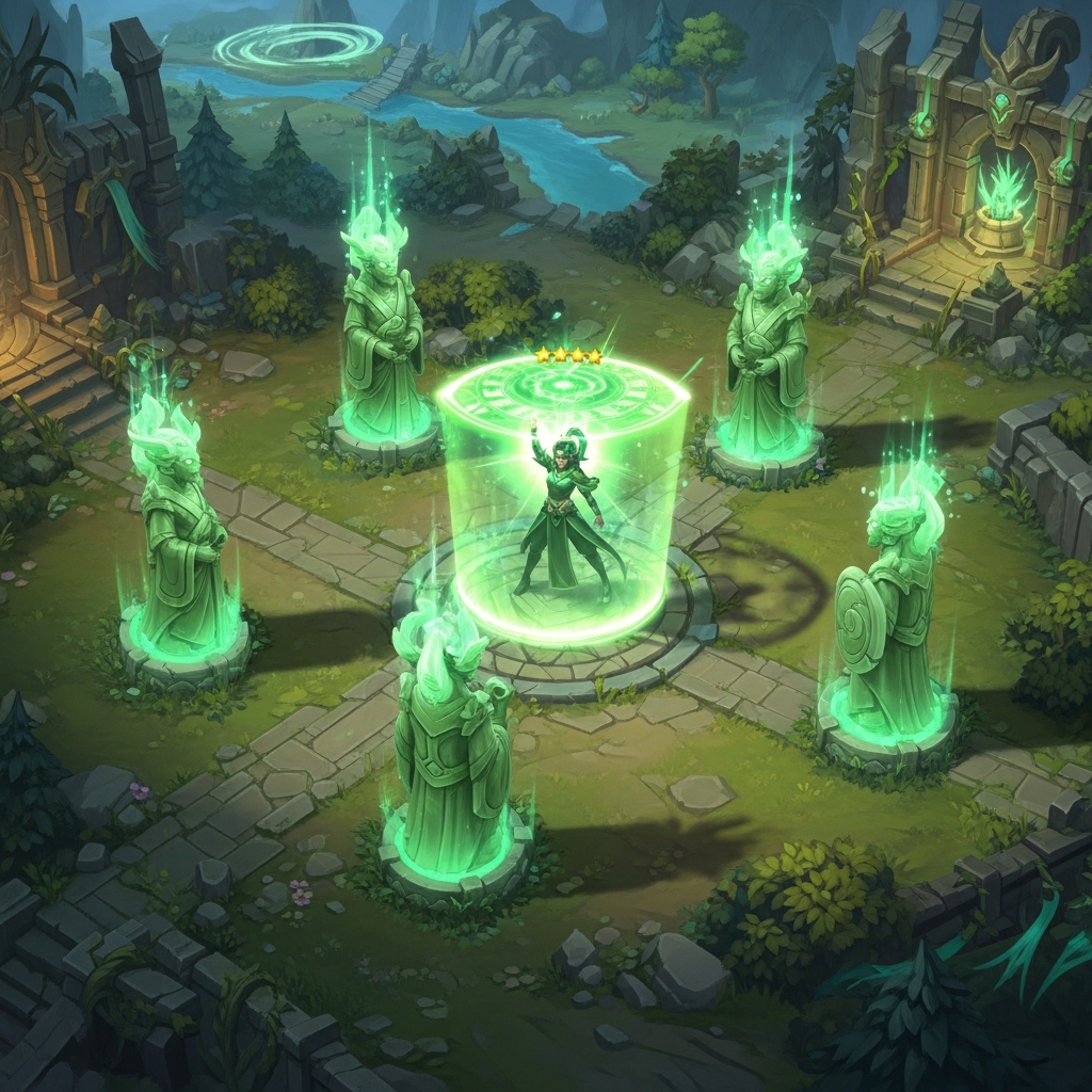 A 3-star Karma champion casting a powerful green magical shield, surrounded by glowing Jade statues on a mythical Dragonlands battlefield, in an overhead view.