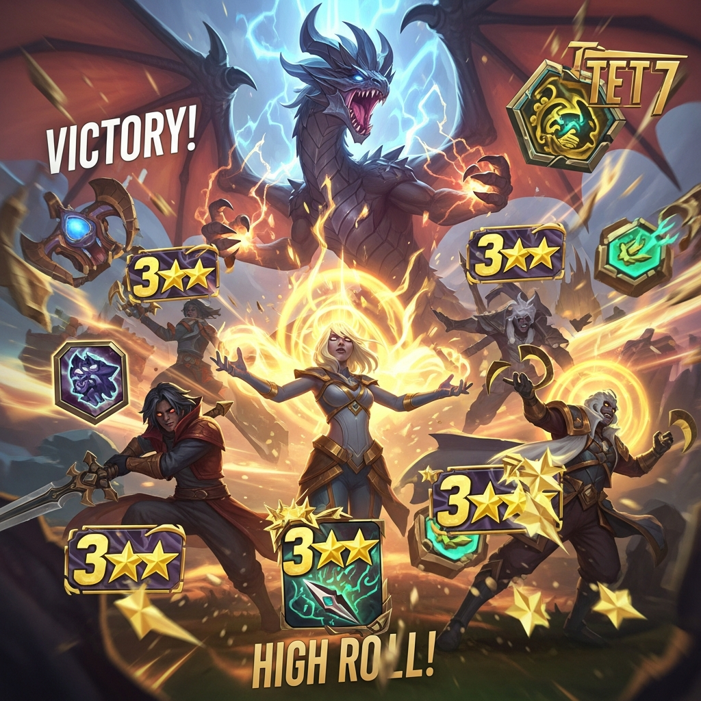 A dynamic, fast-paced collage representing a successful high-roll moment in TFT Set 7, featuring a victorious Dragon (e.g., Sy'fen or Shyvana) and victorious 3-star low-cost champions like Garen and Karma.