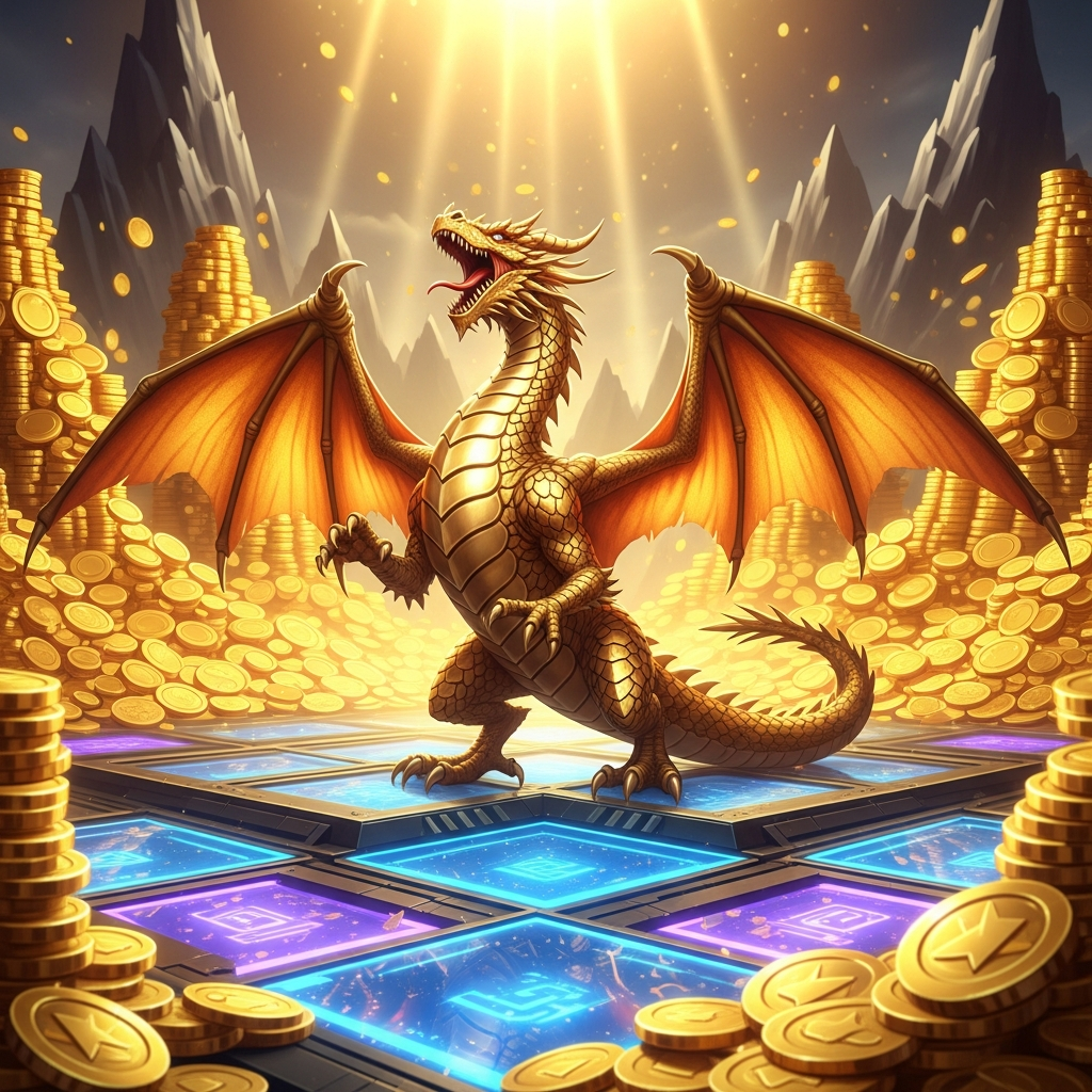An epic golden dragon champion surrounded by mountains of shimmering gold coins on a futuristic tactical chessboard, symbolizing a massive 'high-roll' victory.