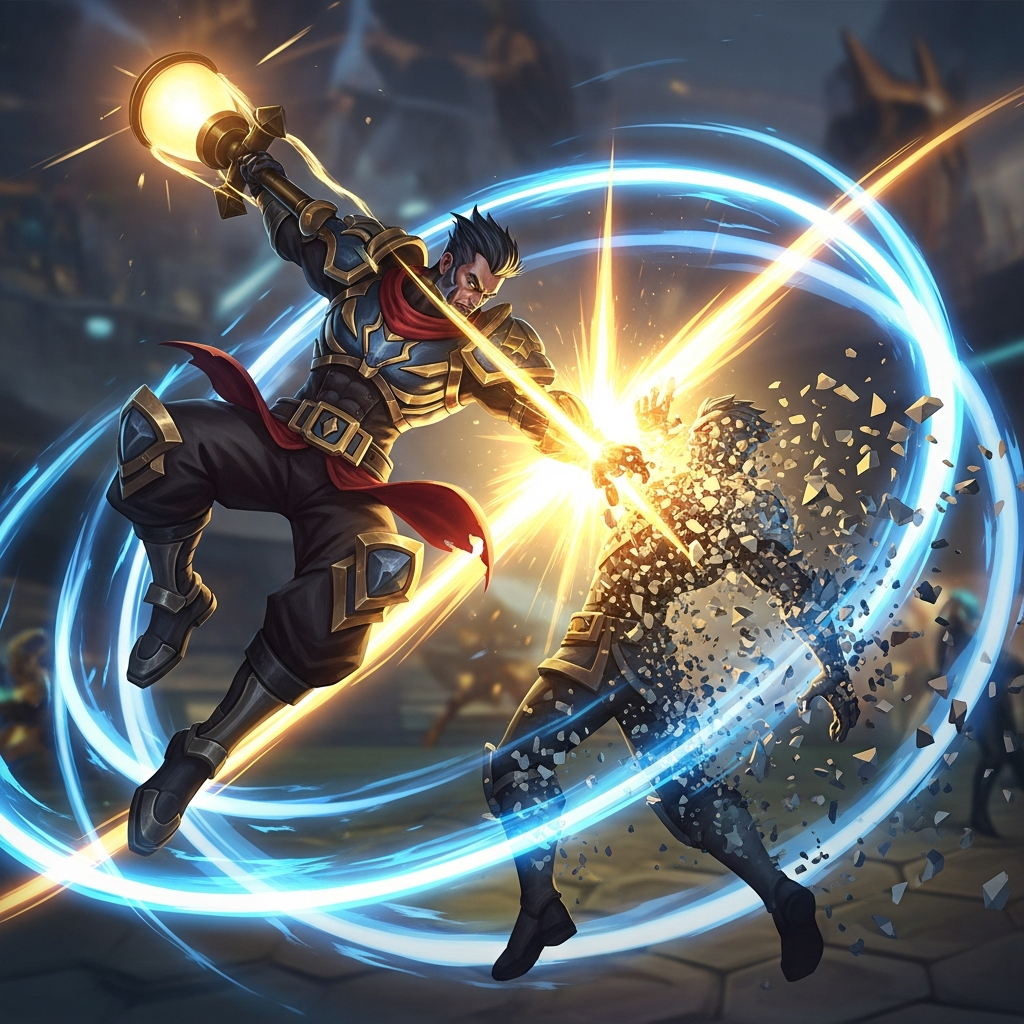 A dynamic close-up of a powerful TFT champion executing a critical hit, with vibrant synergy effects and opponent champions dissolving into digital dust.