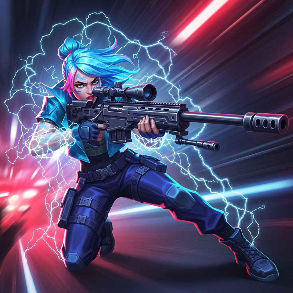 Valorant agent Neon, electricity crackling around her, aggressively sliding forward while perfectly aiming a massive Operator sniper rifle. Cinematic action shot, bright neon blue and red lighting.