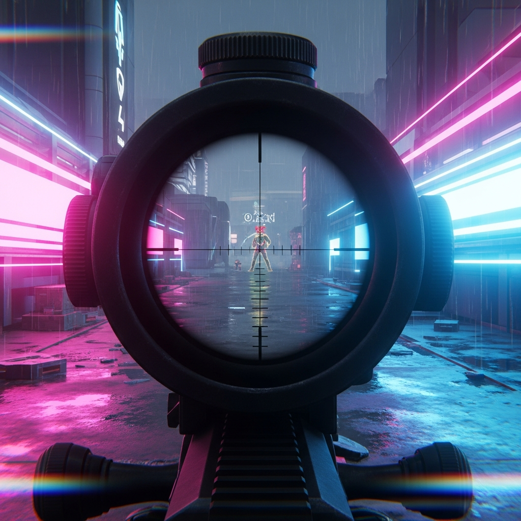 A dramatic first-person perspective (FPS view) looking down the scope of an Operator. Neon's high-speed motion blur is visible on the edge of the frame, right before a successful instantaneous kill.
