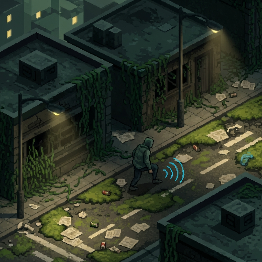 A player character silently creeping through a dark, overgrown street in a 1990s isometric style. Focus on avoiding loud steps, with subtle, radiating sound wave visual elements emanating from their feet.