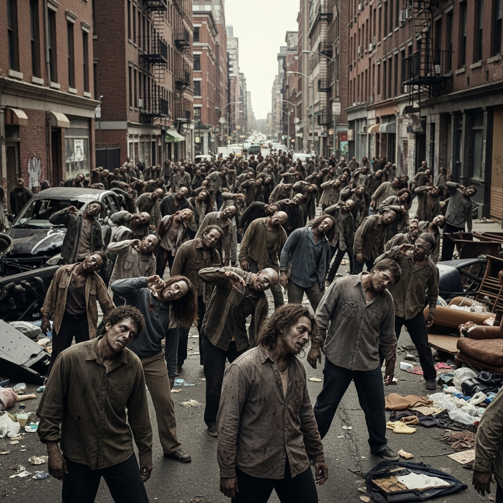 Hundreds of slow, shambling zombies clustered in a dense city street (Knox County style). All zombies are turning their heads sharply toward a single, distant off-screen point, reacting intensely to a loud noise like a car horn or gunshot.