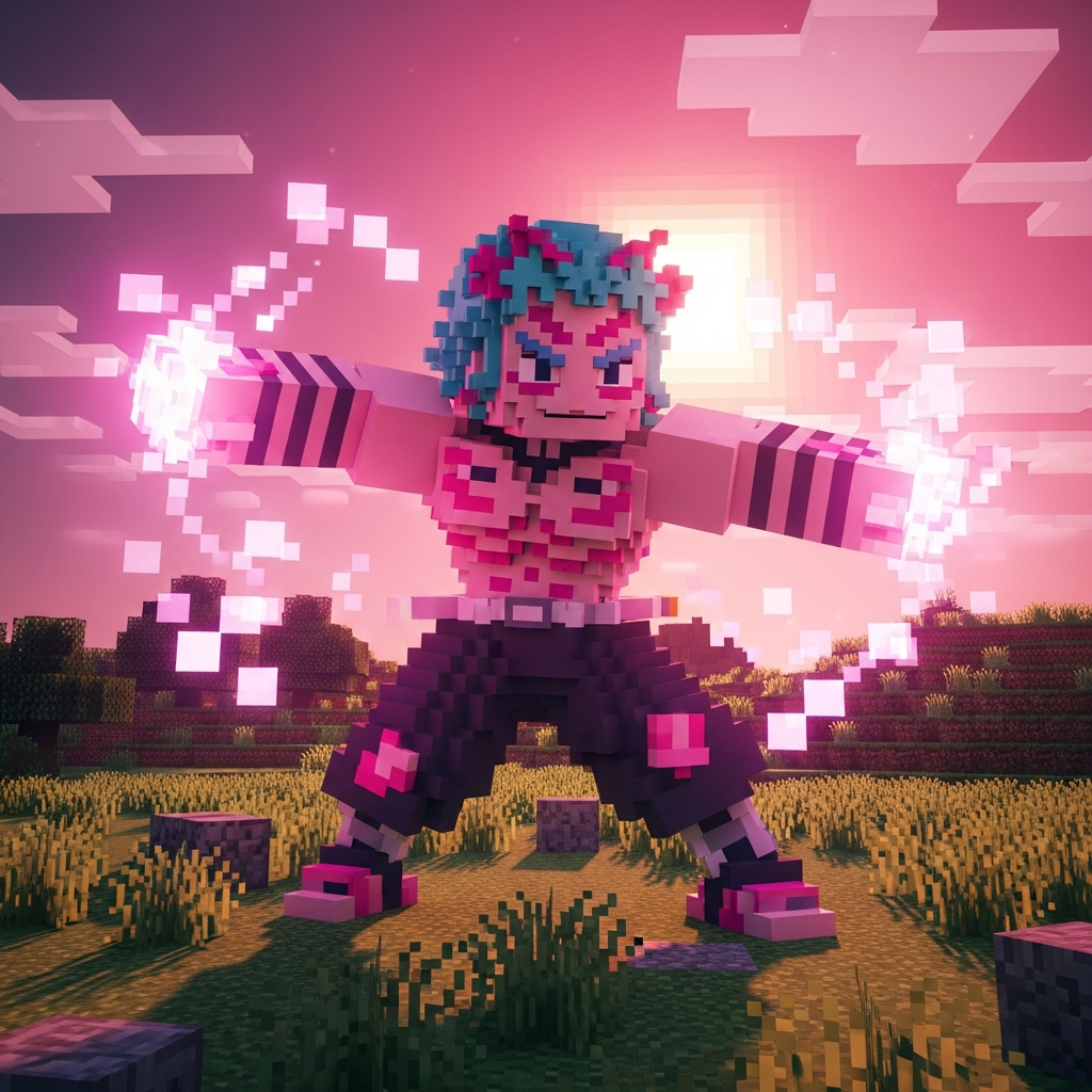 Blocky Akaza performing Destruction Death Technique in a pixelated Minecraft world, dramatic pink lighting.