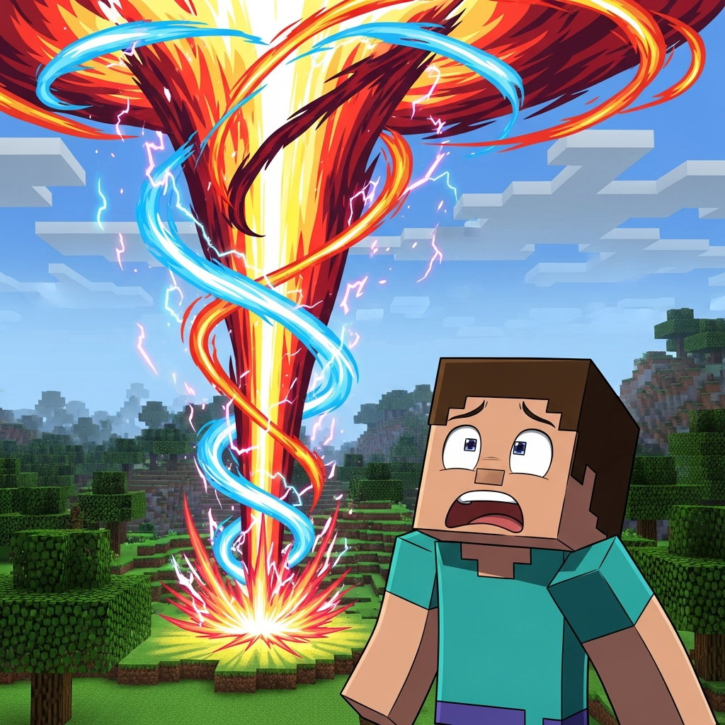 A shocked Minecraft player character staring at a huge, colorful Demon Slayer style energy blast, cartoon style.