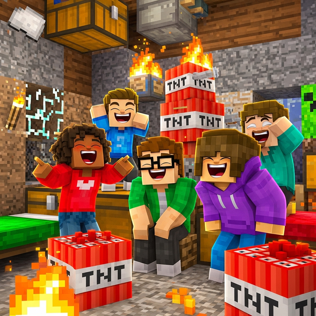 A group of diverse friends laughing hysterically inside a chaotic Minecraft house, surrounded by pixelated TNT and fire, vibrant, cartoon style.