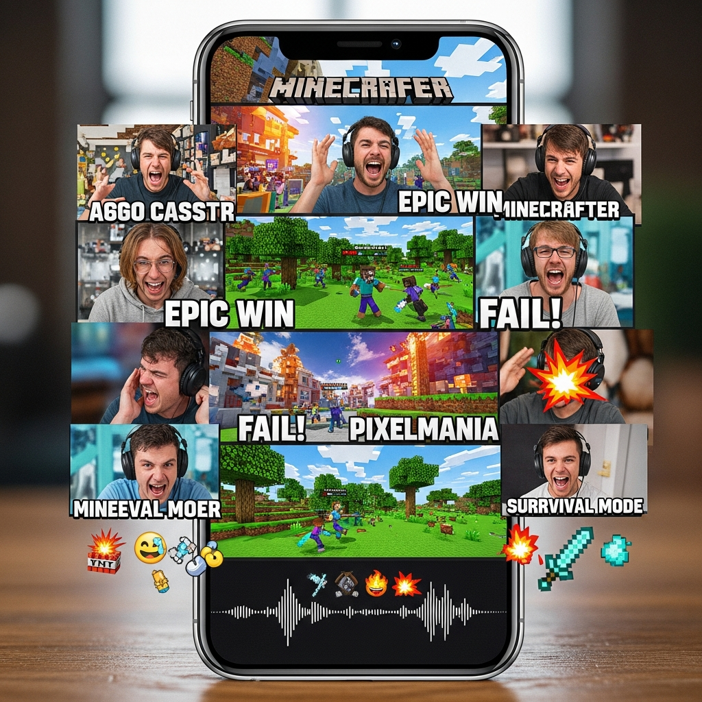 A vertical smartphone screen displaying fast-paced, highly edited Minecraft gameplay highlights, focusing on dramatic player reactions and vibrant colors.