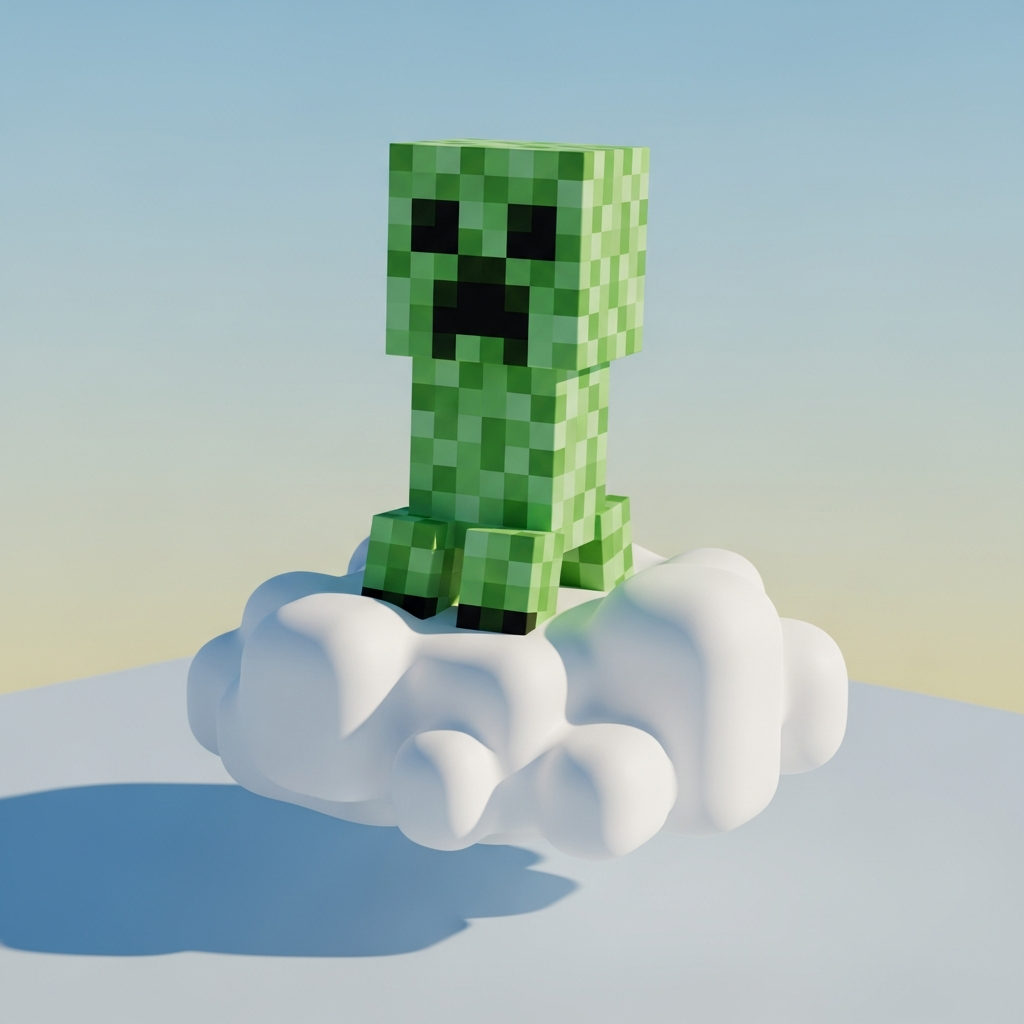 A pixelated Minecraft Creeper floating gently on a fluffy white cloud, looking confused but harmless, rendered in high-quality 3D style.