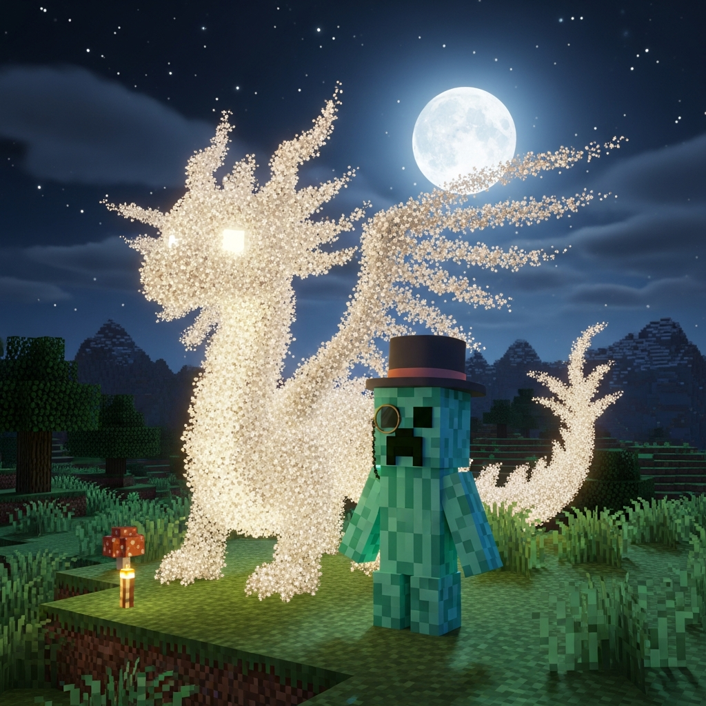 Dramatic high-resolution Minecraft scene at night: a stylish, non-exploding Creeper standing next to a whimsical 'cloud dragon' entity, illuminated by moonlight.