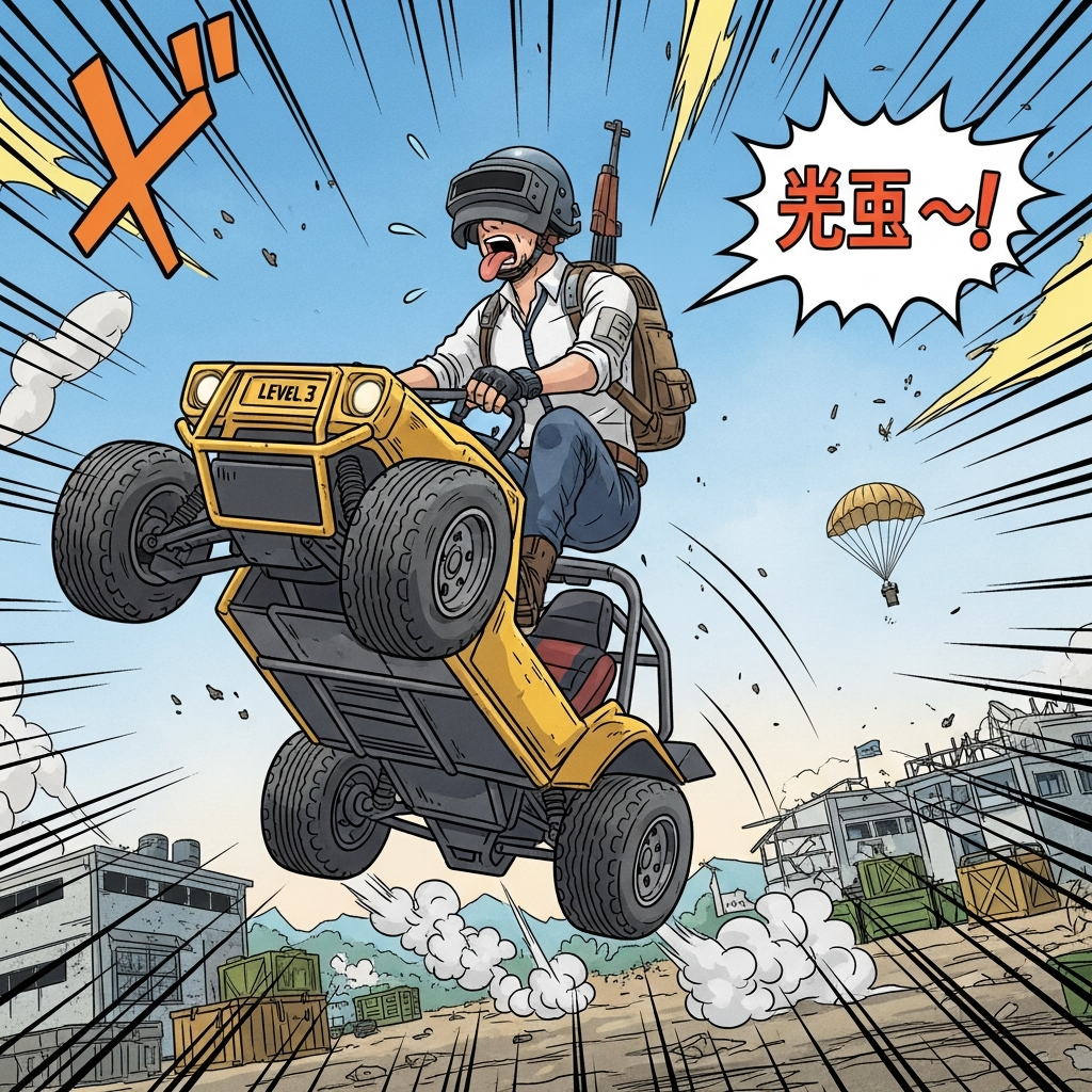 A chaotic and humorous scene in the PUBG game, where a character is attempting a ridiculous 'cheat' (날먹) to complete a mission, perhaps using a buggy flipping wildly in the air, illustrated in a highly stylized, dynamic comic book art style.