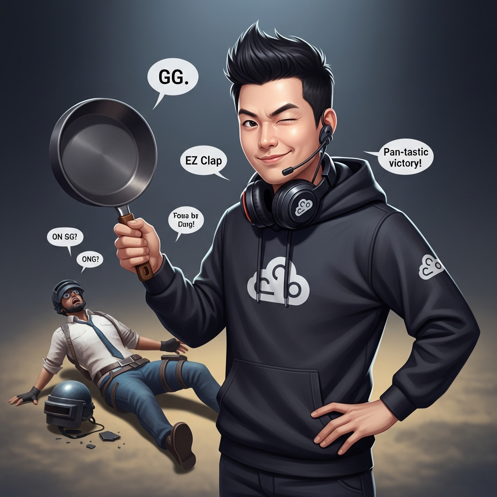 A victorious and witty PUBG streamer 'Gooreum Yong' (Cloud Dragon) winking directly at the viewer, holding a frying pan like a trophy, standing in front of a baffled enemy player, surrounded by short, comedic Korean subtitles, cinematic lighting, digital painting.